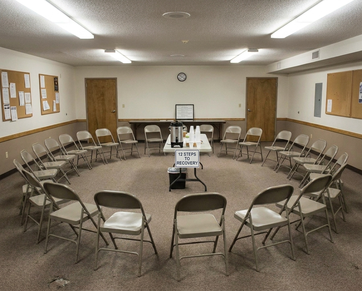 Empty circle of folding chairs in a 12-step meeting room
