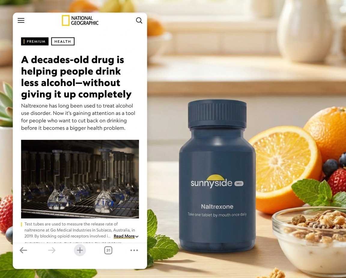 National Geographic article about naltrexone next to a bottle of Sunnyside Med naltrexone